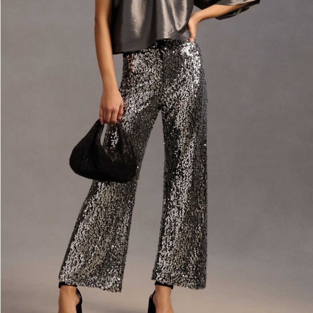 Maeve Silver Sequin Wide-Leg Pants